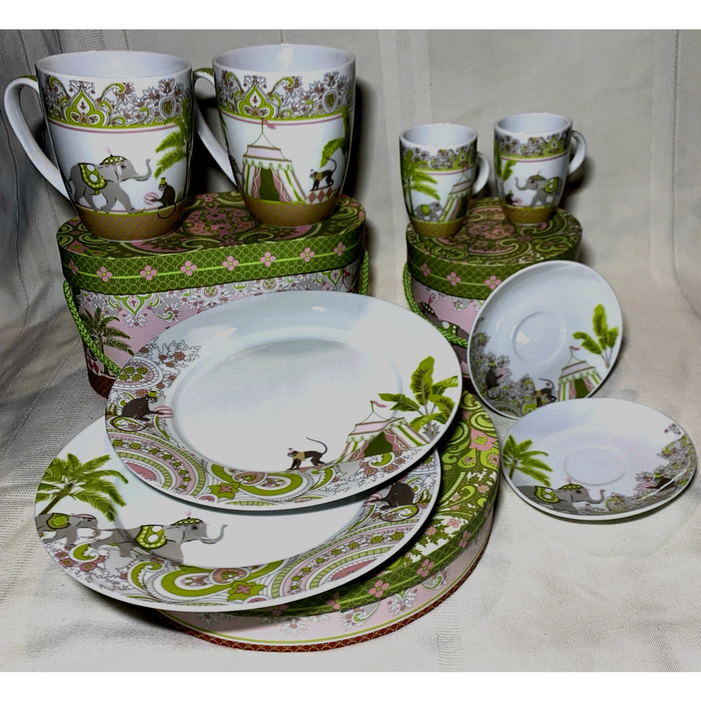 Wooster & Prince Mugs Plates Espresso Cups Saucers Set Elephant Monkey Circus
